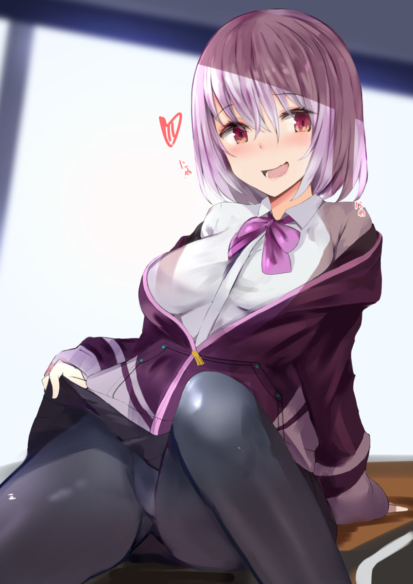 black_skirt blush bow bowtie breasts clothes_lift collared_shirt commentary_request female gridman_universe hair_between_eyes highres jacket large_breasts light_purple_hair long_sleeves looking_at_viewer muoto oerba_yun_fang off_shoulder open_mouth panties panties_under_pantyhose pantyhose purple_bow purple_bowtie purple_jacket red_eyes school_uniform shinjou_akane shirt skirt skirt_lift sleeves_past_wrists smile ssss.gridman underwear zipper_pull_tab