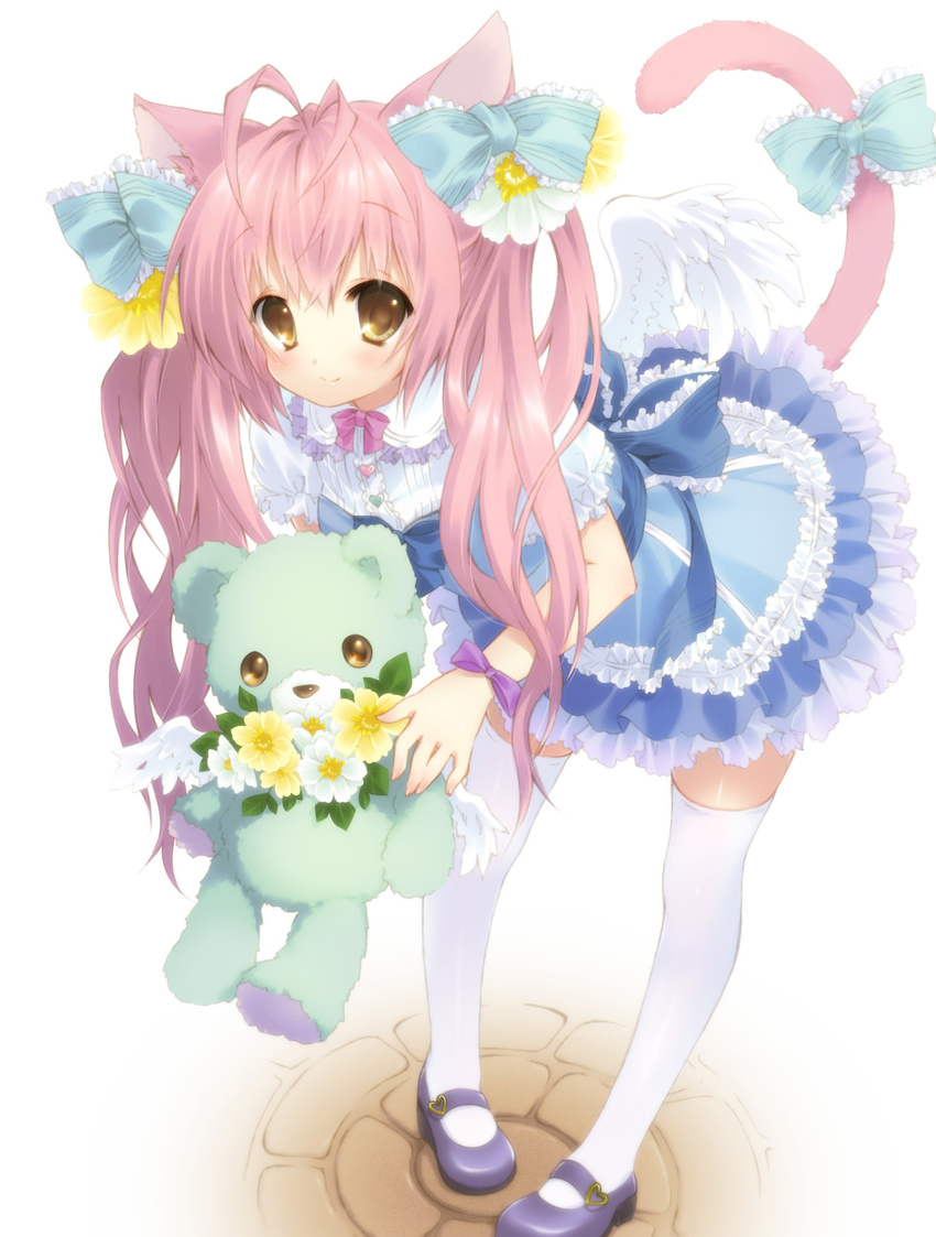 animal_ears bent_over bow cat_ears cat_tail colorized commentary_request female flower frills hairbow highres long_hair nano00 original photoshop_(medium) pink_hair simple_background smile solo stuffed_animal stuffed_toy tail teddy_bear thighhighs white_background white_thighhighs yellow_eyes