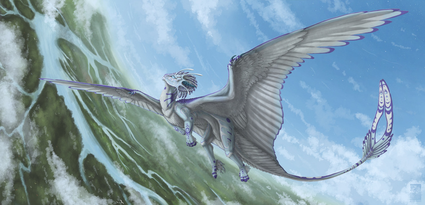 claws daiman_night_dragon_(keltaan) detailed_background dragon feathered_dragon feathered_scalie feathered_wings feathers featureless_crotch female feral flying hi_res keltaan mythological_creature mythological_scalie mythology outside scalie sky smile solo tail white_body white_feathers wings