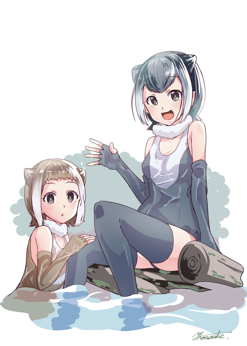 2girls :3 :o absurdres animal_ears arm_at_side artist_name bad_id bad_twitter_id bangs_pinned_back bare_shoulders black_eyes blush breasts brown_eyes brown_gloves brown_one-piece_swimsuit cleavage elbow_gloves empty_eyes extra_ears eyebrows eyelashes fingerless_gloves frills fur_collar gloves gradient_hair grey_gloves grey_hair grey_legwear grey_one-piece_swimsuit hand_on_another's_knee hand_up highres japanese_otter_(kemono_friends) kemono_friends light_brown_hair log looking_at_viewer medium_breasts multicolored_clothes multicolored_hair multicolored_swimsuit multiple_girls one-piece_swimsuit open_hand open_mouth otter_ears outdoors partially_submerged romaji_text short_hair signature sitting sleeveless small-clawed_otter_(kemono_friends) smile soaking_feet swimsuit tareme thighhighs triangle_mouth two-tone_hair water waving white_background white_hair white_one-piece_swimsuit yanagita_kousuke