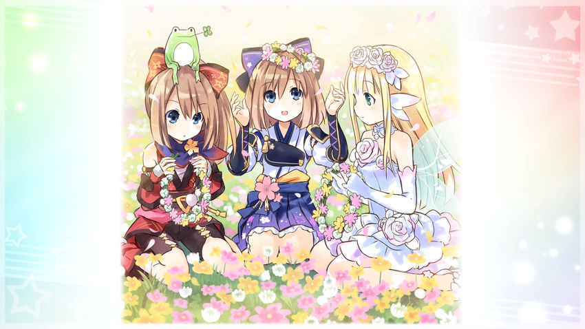 3girls :d :o absurdres armor armored_dress arms_up blonde_hair blue_eyes bouquet_(neptunia) bow brown_hair clover detached_sleeves dress fairy_wings flower four-leaf_clover four_goddesses_online:_cyber_dimension_neptune frilled_dress frills frog game_cg hair_flower hair_ornament hairbow head_wreath highres holding japanese_clothes light_brown_hair long_hair looking_at_another multiple_girls neckerchief necktie neptune_(series) ninja official_art open_mouth ponytail ram_(neptunia) rom_(neptunia) rose samurai short_hair shoulder_armor siblings sitting smile tsunako twins white_dress wings