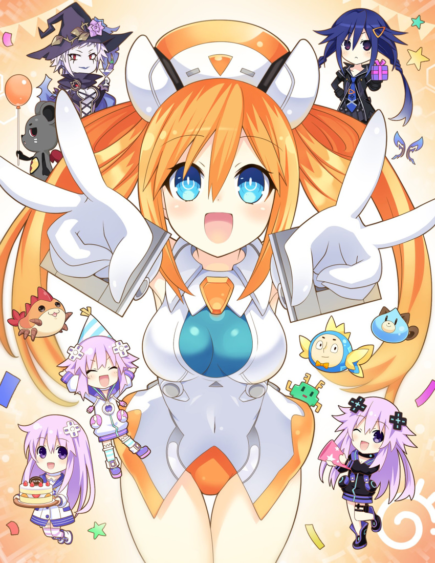 6+girls :d ;d adult_neptune ankokuboshi_kurome balloon bare_shoulders black_jacket blue_eyes blue_hair blush braid breasts cake celebration chibi commentary_request covered_navel cowboy_shot croire dogoo double_v food frown gift gloves hair_between_eyes hat highres holding holding_cake holding_food holding_gift hood hooded_jacket jacket leotard light_purple_hair long_hair looking_at_viewer magiquone medium_breasts multiple_girls necktie nepgear neptune_(neptunia) neptune_(series) one_eye_closed open_mouth orange_hair orange_heart_(neptunia) party_hat power_symbol power_symbol-shaped_pupils purple_eyes purple_hair red_eyes shin_jigen_game_neptune_vii skin_tight smile solo_focus striped symbol-shaped_pupils thigh_gap thighhighs twin_braids twintails umio_(neptunia) v very_long_hair warechu white_gloves witch_hat zero_(ray_0805)