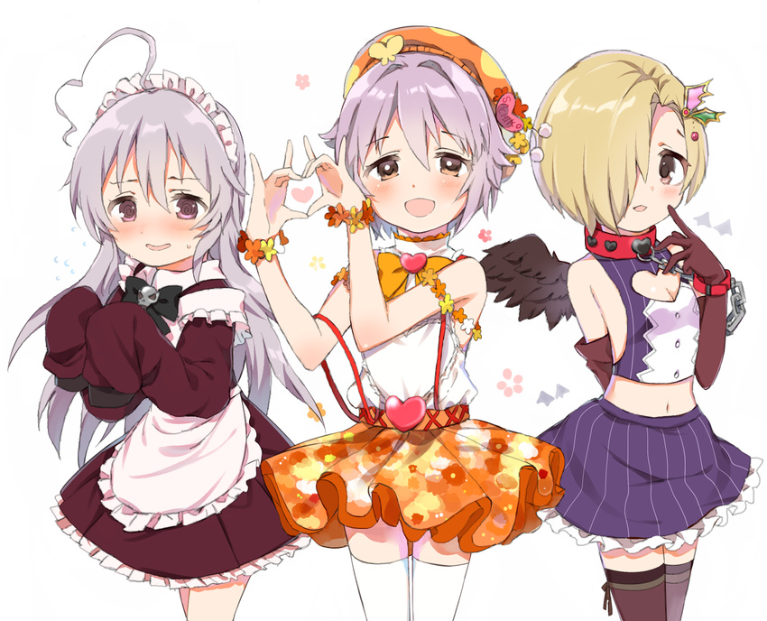 3girls :d ahoge bags_under_eyes beret black_wings brown_eyes caracorn chains cleavage_cutout clothing_cutout collar commentary_request cosplay costume_switch cuffs-to-collar elbow_gloves flying_sweatdrops gloves grey_hair hair_ornament hair_over_one_eye hat heart heart_cutout heart_hands hoshi_syoko hoshi_syoko_(cosplay) idol idolmaster idolmaster_cinderella_girls kawaii_boku_to_142's_(idolmaster) koshimizu_sachiko koshimizu_sachiko_(cosplay) long_hair maid maid_headdress midriff multiple_girls navel open_mouth pinstripe_pattern polka_dot polka_dot_headwear purple_hair red_collar shirasaka_koume shirasaka_koume_(cosplay) short_hair skull sleeves_past_fingers sleeves_past_wrists smile striped thighhighs wings