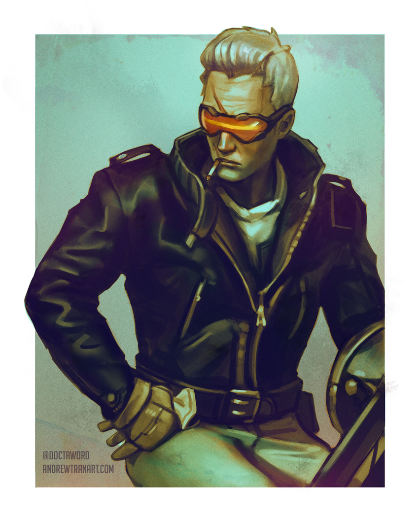 1boy andrew_tran artist_name belt cigarette commentary english_commentary gloves goggles gun head-mounted_display highres jacket long_sleeves male_focus mask mouth_hold mouth_mask overwatch overwatch_1 pants scar shirt sitting soldier:_76_(overwatch) solo watermark weapon web_address white_hair white_shirt