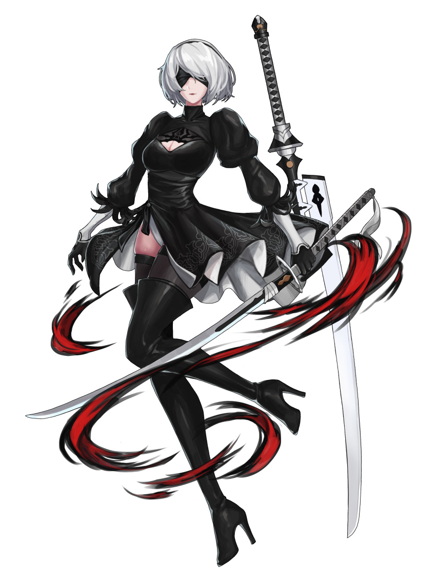 2b_(nier:automata) absurdres black_blindfold black_dress black_hairband blindfold boots breasts cleavage_cutout clothing_cutout commentary covered_eyes dress facing_viewer feather-trimmed_sleeves female gloves hairband hella_p high_heel_boots high_heels highres juliet_sleeves katana leather leather_boots leotard leotard_under_clothes long_sleeves medium_breasts nier:automata nier_(series) photoshop_(medium) puffy_sleeves short_hair simple_background skindentation solo sword thigh_boots thighhighs thighhighs_under_boots vambraces variant_set virtuous_contract virtuous_treaty weapon weapon_on_back white_hair