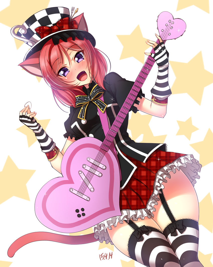 :d animal_ears blush bow cat_ears cat_girl cat_tail commentary_request cosplay cup cyan_(show_by_rock!!) cyan_(show_by_rock!!)_(cosplay) dated dutch_angle female fingerless_gloves garter_straps gloves guitar hat heart_guitar highres instrument looking_at_viewer love_live! love_live!_school_idol_project nishikino_maki oerba_yun_fang open_mouth photoshop_(medium) plaid plaid_skirt purple_eyes red_hair short_hair short_sleeves show_by_rock!! skirt smile solo star_(symbol) starry_background strawberry_heart_(show_by_rock!!) striped_clothes striped_gloves striped_thighhighs tail teacup thighhighs top_hat yu-ta