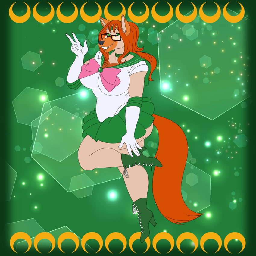 1:1 anthro ass big_breasts big_butt boots bow_(feature) bow_tie breasts canid canine canis clothed clothing cosplay costume curvy_figure domestic_dog eyewear female footwear fur glasses gloves green_eyes handwear hi_res makoto_kino mammal natasha_rand sailor_jupiter sailor_moon_(series) solo sweetvixsin voluptuous