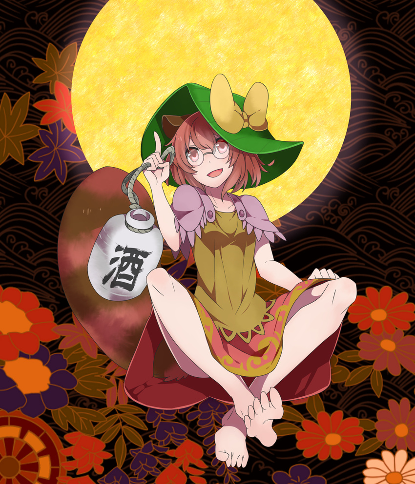 :d animal_ears autumn_leaves bare_legs barefoot black_background bow brown_eyes brown_hair brown_skirt commentary_request crossed_ankles female floral_background floral_print full_body full_moon futatsuiwa_mamizou genjiguruma glasses gourd green_hat hat hat_bow highres holding holding_jar index_finger_raised invisible_chair jar leaf leaf_on_head misyagu moon no_shoes open_mouth partial_commentary raccoon_ears raccoon_girl raccoon_tail rope round_eyewear seigaiha short_hair sitting skirt smile soles tail toes tokkuri torioigasa touhou wave_print wisteria_print yellow_bow yellow_moon