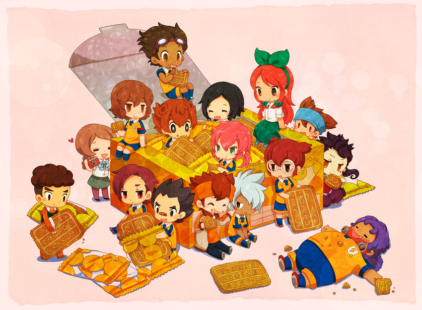 3girls 6+boys amagi_daichi armband bad_id bad_pixiv_id bandaid bandaid_on_face bandaid_on_nose black_hair blue_hair blush braid brown_eyes brown_hair camera chibi choice_biscuit closed_eyes commentary_request cookie eating endou_mamoru everyone food food_on_face frown goalkeeper goggles goggles_on_head green_eyes green_skirt hair_over_one_eye hair_ribbon hamano_kaiji hayami_tsurumasa headband heart inazuma_eleven_(series) inazuma_eleven_go jacket kirino_ranmaru kurama_norihito kurumada_gouichi lightning_bolt_symbol long_hair long_skirt lying matsukaze_tenma mini_person miniboy minigirl multiple_boys multiple_girls nishizono_shinsuke oerba_yun_fang on_back open_clothes open_jacket open_mouth oversized_object photoshop_(medium) pink_hair purple_hair raimon raimon_soccer_uniform red_hair ribbon sangoku_taichi seto_midori shindou_takuto short_hair sitting skirt smile soccer_uniform sorano_aoi sportswear standing tsurugi_kyousuke twin_braids twintails uppi yamana_akane