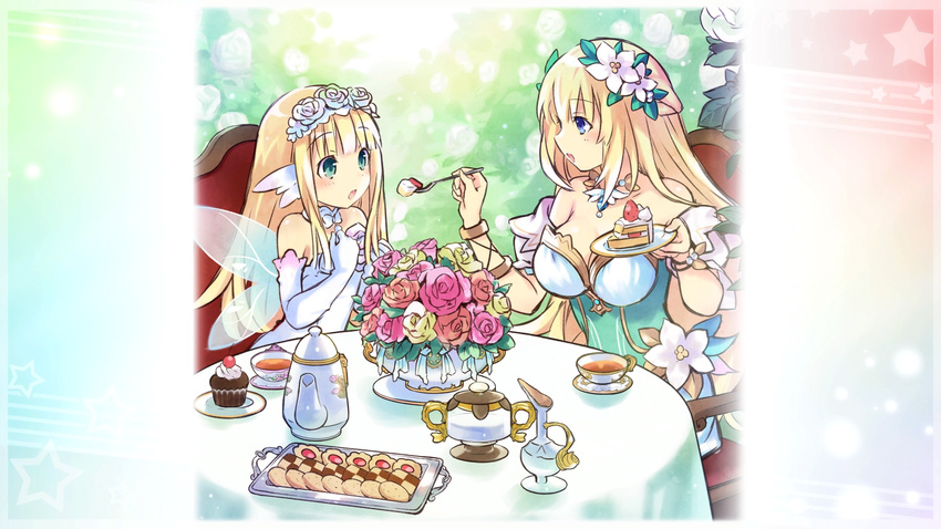 2girls absurdres blonde_hair blue_eyes blush bouquet bouquet_(neptunia) bracelet breasts cake candle cookie cup cupcake detached_sleeves dress fairy_wings feeding flower food four_goddesses_online:_cyber_dimension_neptune game_cg gloves green_dress hair_flower hair_ornament hand_on_own_chest highres holding holding_plate jewelry large_breasts long_hair multiple_girls necklace necktie neptune_(series) official_art plate sitting sleeve_cuffs smile table teacup teapot tsunako vert_(neptunia) white_dress white_gloves wings