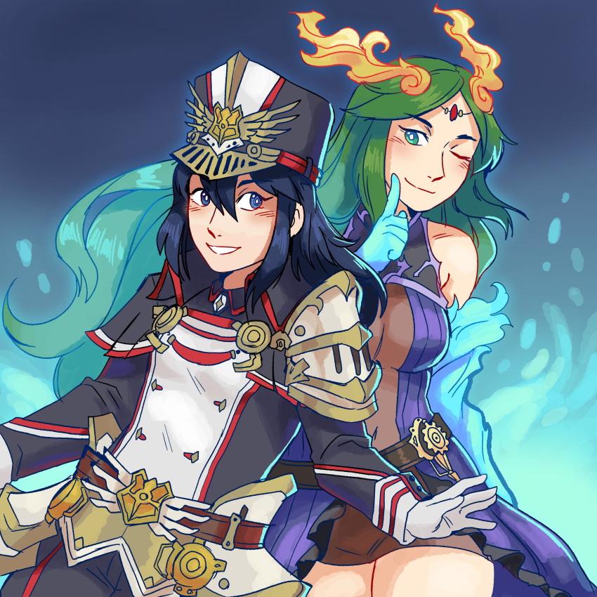 2girls absurdres alternate_costume armor bare_shoulders blue_eyes blue_fire blue_hair blush brighid_(xenoblade) brighid_(xenoblade)_(cosplay) commentary cosplay dress english_commentary finger_to_cheek fire fire_emblem fire_emblem_awakening frogbians gloves green_eyes green_hair hat highres kid_icarus kid_icarus_uprising long_hair looking_at_another looking_at_viewer looking_back lucina_(fire_emblem) midriff military military_hat military_uniform morag_ladair_(xenoblade) morag_ladair_(xenoblade)_(cosplay) multiple_girls palutena pauldrons possessed reverse_trap see-through shoulder_armor simple_background smile spirit_(super_smash_bros.) super_smash_bros. thighs tiara uniform xenoblade_chronicles_(series) xenoblade_chronicles_2