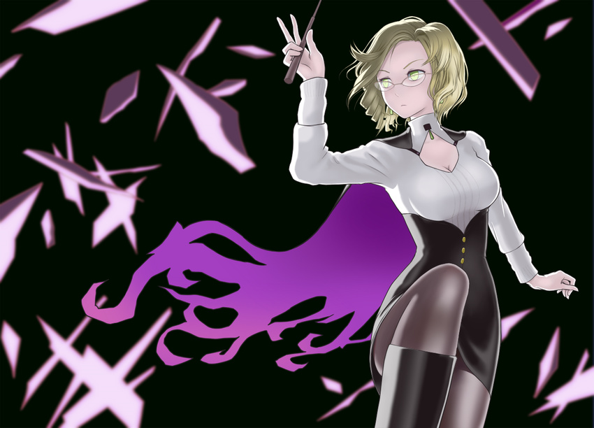 bad_id bad_pixiv_id blonde_hair breasts cape cleavage female glasses glynda_goodwitch medium_breasts pantyhose ponta_(ias1773oi) rwby short_hair solo tsurime wand yellow_eyes