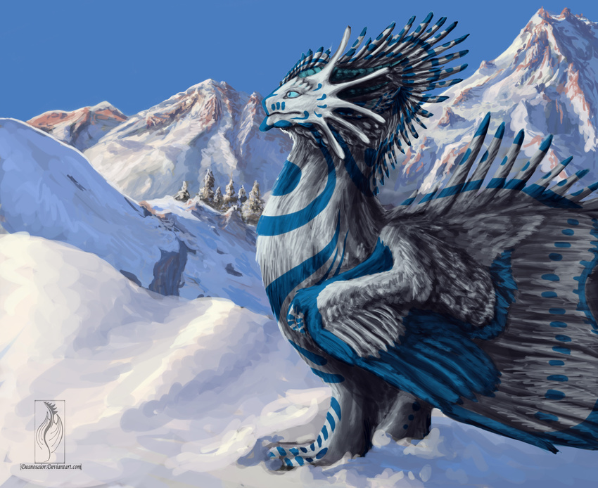 ambiguous_gender blue_eyes daiman_night_dragon_(keltaan) day deanosaior digital_media_(artwork) dragon feathered_dragon feathered_scalie feathered_wings feathers feral fur furred_dragon furred_scalie hi_res kelta'an_(character) male_(lore) mythological_creature mythological_scalie mythology outside scalie snow solo standing text url white_body white_fur wings