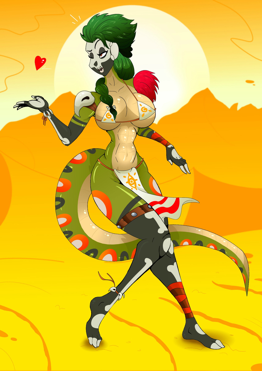 anthro athletic athletic_anthro athletic_female big_breasts bikini_outfit blowing_kiss bone_ornaments bottomwear breasts clothing dandabar desert dreaj1 fan_character female hair heart_symbol hi_res iguana iguanid lizard loincloth magic_user non-mammal_breasts one_eye_closed pinup ponytail pose priest reptile scalie skull_and_crossbones solo tribal tribal_spellcaster voodoo wink witch_doctor zahara_(character)