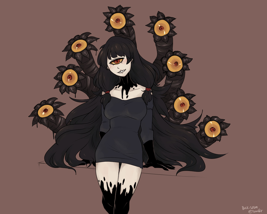 black_dress black_hair blush colored_sclera colored_skin cyclops dress extra_eyes female gazer_(monster_girl_encyclopedia) gloves gyarusatan long_hair looking_at_viewer monster_girl monster_girl_encyclopedia one-eyed red_eyes smile solo tentacle white_skin yellow_sclera