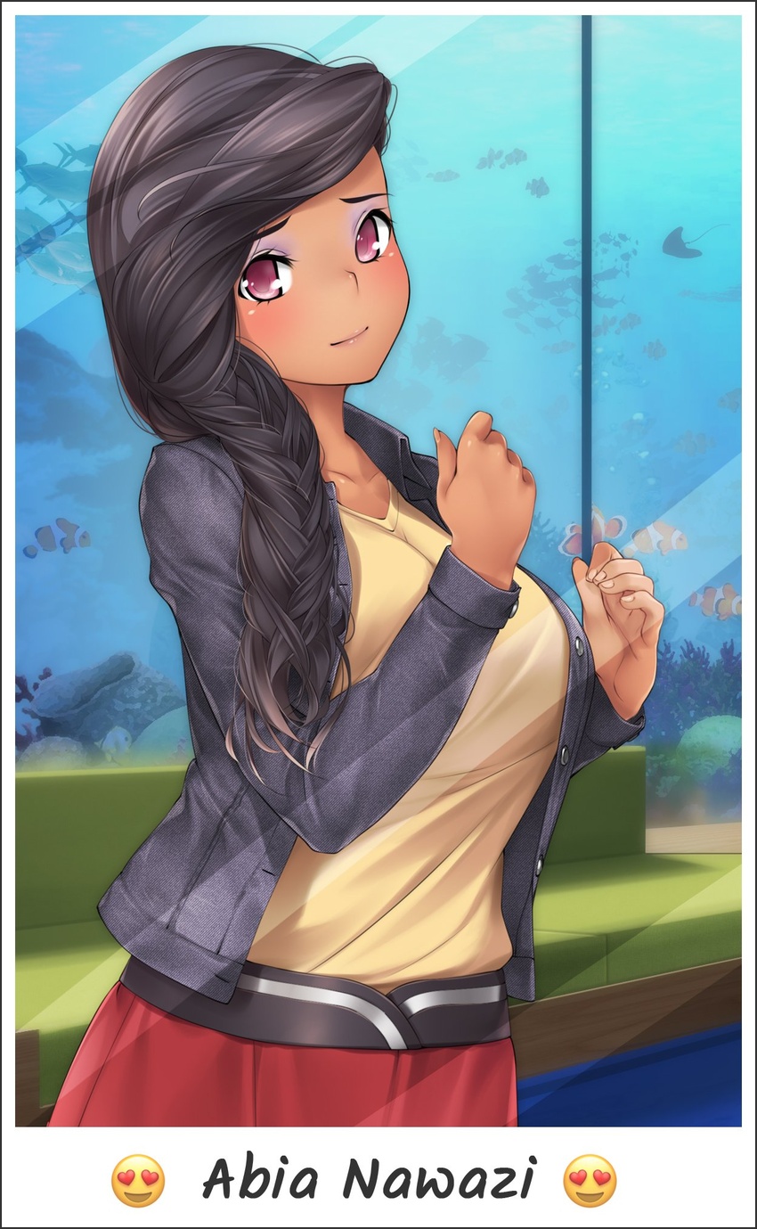 abia_nawazi alternate_costume aquarium bad_id bad_twitter_id black_hair blush braid character_name commentary denim denim_jacket emoji english_commentary eyeshadow female hair_over_shoulder highres hunie_(series) huniepop_2:_double_date jacket kopianget makeup single_braid solo tan