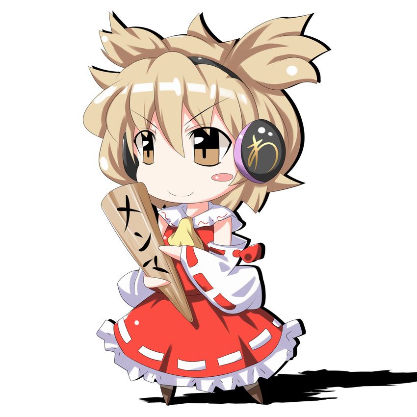 ascot blush_stickers brown_eyes chibi closed_mouth commentary_request cosplay detached_sleeves earmuffs female frilled_skirt frills full_body hakurei_reimu hakurei_reimu_(cosplay) highres kikurage_(sugi222) light_brown_hair name_connection object_namesake pun red_skirt ribbon-trimmed_sleeves ribbon_trim ritual_baton shadow simple_background skirt skirt_set smile solo touhou toyosatomimi_no_miko white_background