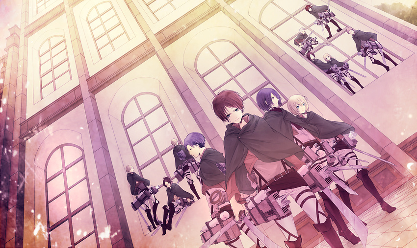 armin_arlert cape christa_renz conny_springer eren_jaeger hanji_zoe irvin_smith jean_kirchstein mikasa_ackerman rivaille sasha_browse shingeki_no_kyojin sword uniform weapon ymir_(shingeki_no_kyojin)