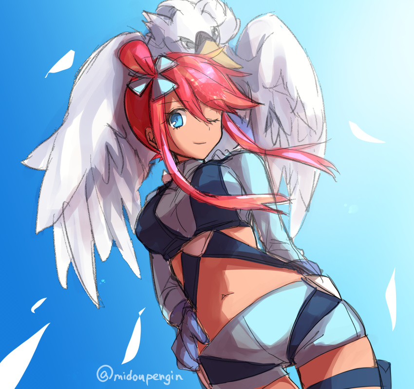 blue_eyes female fuuro_(pokemon) gym_leader hair_ornament midriff mintes navel pokemon pokemon_bw red_hair swanna wink