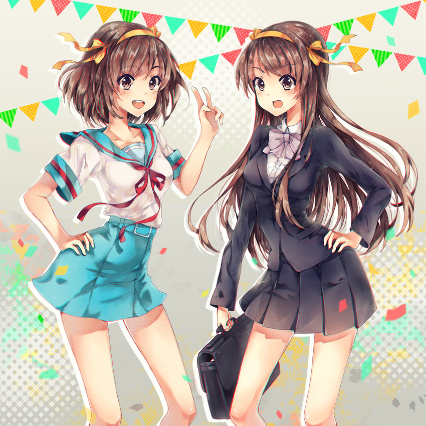 2girls bag blue_sailor_collar blue_skirt briefcase brown_eyes brown_hair commentary_request dual_persona hair_ribbon hairband highres kita_high_school_uniform kouyouen_academy_school_uniform long_hair long_sleeves multiple_girls official_alternate_costume official_alternate_hair_length official_alternate_hairstyle orange_hairband photoshop_(medium) ribbon sailor_collar school_bag school_briefcase school_uniform serafuku short_hair short_sleeves skirt summer_uniform suzumiya_haruhi suzumiya_haruhi_no_shoushitsu suzumiya_haruhi_no_yuuutsu teka uniform v winter_uniform