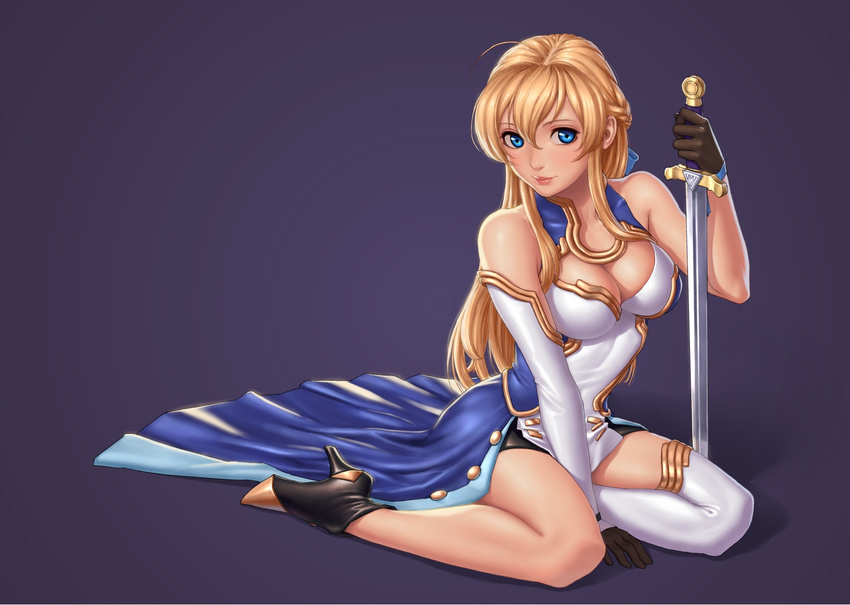 bad_id bad_pixiv_id blonde_hair blue_background blue_eyes breasts cleavage_cutout clothing_cutout female full_body hair_between_eyes high_heels highres jeanne_kaguya_d'arc kneeling large_breasts lips long_hair looking_at_viewer nobunaga_the_fool seeker_(shzyu) simple_background single_thighhigh solo sword thighhighs weapon white_thighhighs