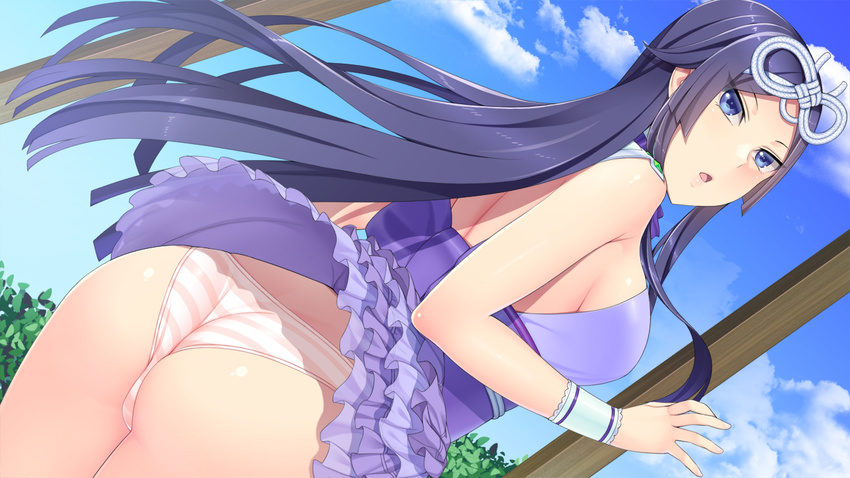 ass back blue_eyes blue_hair breasts cloud clouds female female game_cg highres large_breasts legs long_hair looking_at_viewer panties sengoku_hime sengoku_hime_6 sideboob skirt sky solo standing striped_panties thighs underwear upskirt wind