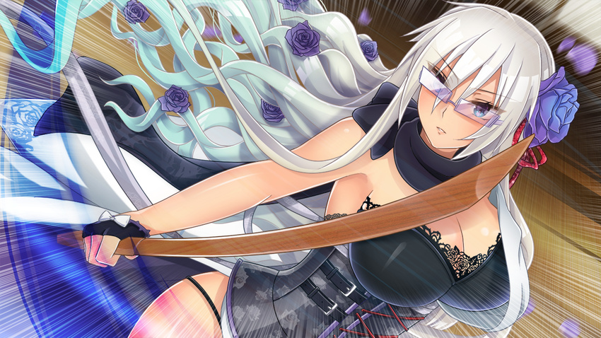 armpits blue_eyes bokken breasts cleavage female fingerless_gloves flower game_cg glasses gloves highres huge_breasts long_hair looking_at_viewer rose scarf sengoku_hime sengoku_hime_6 serious simple_background solo standing sword weapon white_hair wooden_sword