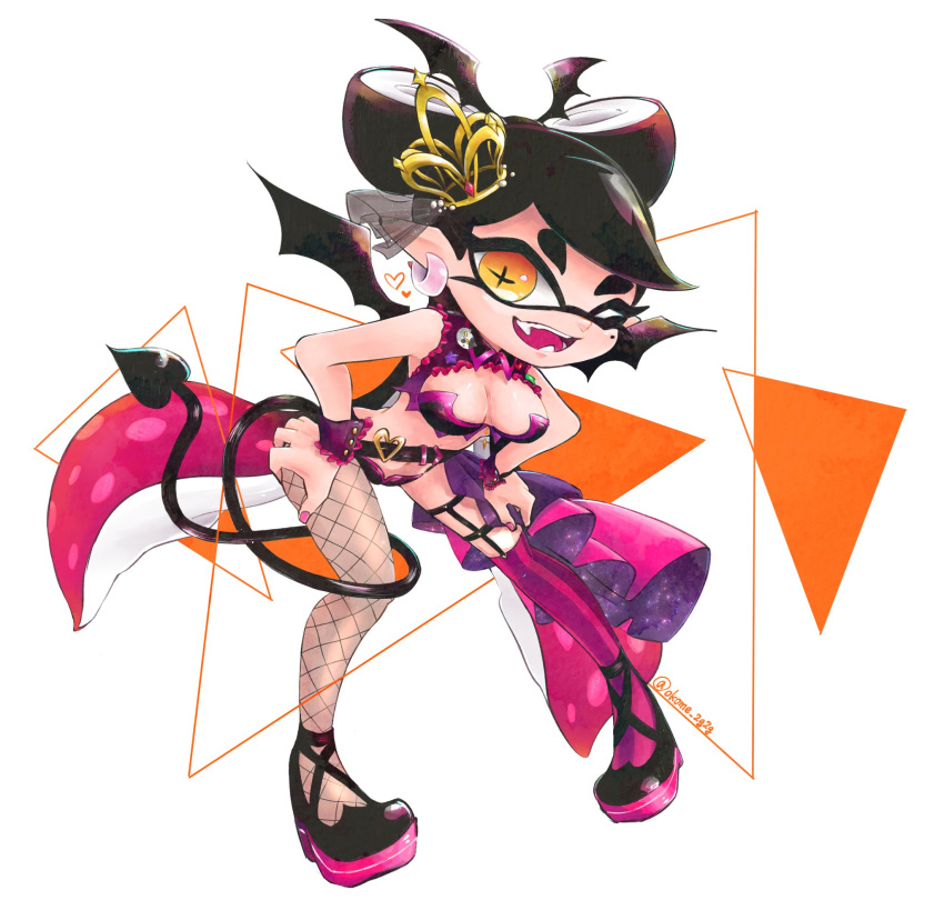 +_+ bat_wings black_hair breasts callie_(splatoon) commentary_request crown demon_tail earrings fangs female fishnet_pantyhose fishnets halloween_costume highres inkling jewelry mole mole_under_eye okome_2g2g pantyhose pointy_ears solo splatoon_(series) splatoon_1 tail tentacle_hair wings wrist_cuffs