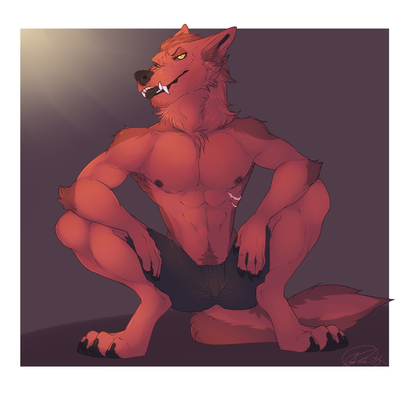 1:1 anthro bambii_dog canid canine clothed clothing crouching hi_res looking_at_viewer male mammal nipples pubes scar solo topless