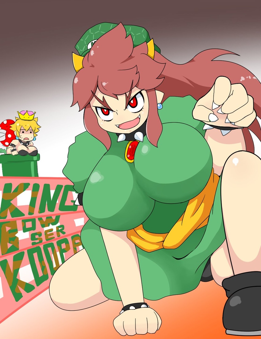 2girls blonde_hair boots bowser_peach bowsette bracelet breasts bright_pupils brown_hair character_name collar commentary_request crown earrings fangs gem highres horns huge_breasts jewelry knees long_hair mario_(series) multiple_girls new_super_mario_bros._u_deluxe pearl_earrings piranha_plant pointy_ears ponytail possessed princess_peach prototype_design red_eyes red_hair senkou_(shippai_shoukan) shaded_face spiked_collar spikes super_crown super_mario_odyssey warp_pipe