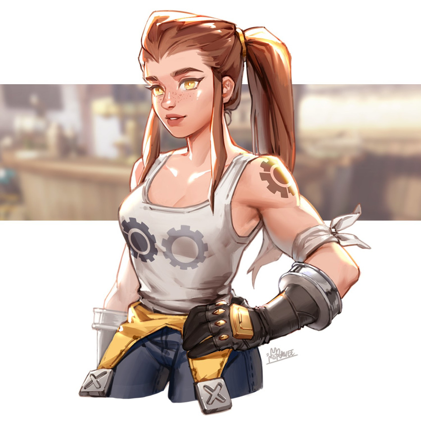 armband artist_name backlighting black_gloves breasts brigitte_(overwatch) brown_eyes brown_hair cleavage commentary cropped_legs denim english_commentary female freckles gloves highres jeans long_hair looking_at_viewer medium_breasts overwatch overwatch_1 pants ponytail ravee_of_titans shoulder_tattoo sidelocks smile solo tank_top tattoo thick_eyebrows toned