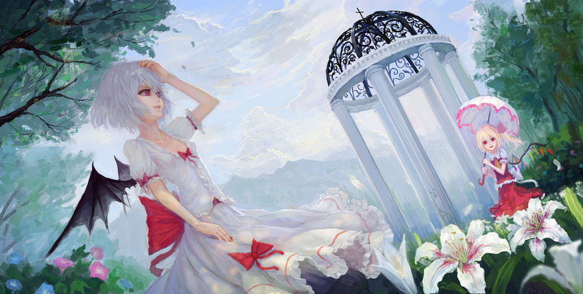 2girls back_bow bat_wings black_wings blonde_hair blue_flower bow cloud collarbone commentary cross day dress_shirt dutch_angle flandre_scarlet flower gazebo grey_hair hand_in_own_hair highres lily_(flower) long_hair mini_wings morning_glory mountainous_horizon multiple_girls no_headwear outdoors photoshop_(medium) pink_flower red_bow red_eyes remilia_scarlet scratching_head shirt short_hair short_sleeves siblings side_ponytail sisters sky smile touhou tree tuzki umbrella white_flower wings