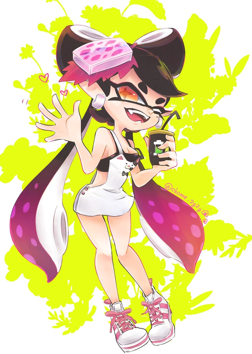 +_+ apron black_bra black_hair bra breasts callie_(splatoon) cleavage commentary_request cup drinking_straw fangs female food food_on_head heart highres holding holding_cup inkling mole mole_under_eye object_on_head okome_2g2g orange_eyes pointy_ears purple_hair solo splatoon_(series) splatoon_1 sushi suspenders tentacle_hair underwear waving