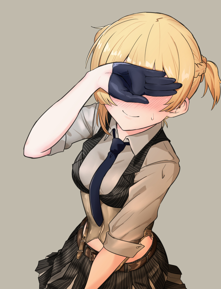 absurdres belt black_gloves blonde_hair blue_necktie blush braid buckle collared_shirt commentary_request corset covering_face cropped_vest embarrassed facing_viewer female french_braid girls'_frontline gloves half_gloves hand_up highres holster korean_commentary midriff_peek necktie nemoga pinstripe_pattern pinstripe_vest shirt short_hair sidelocks simple_background skirt sleeves_rolled_up smile solo striped_clothes striped_skirt striped_vest sweatdrop thigh_holster twintails upper_body vest welrod_mkii_(girls'_frontline) white_shirt