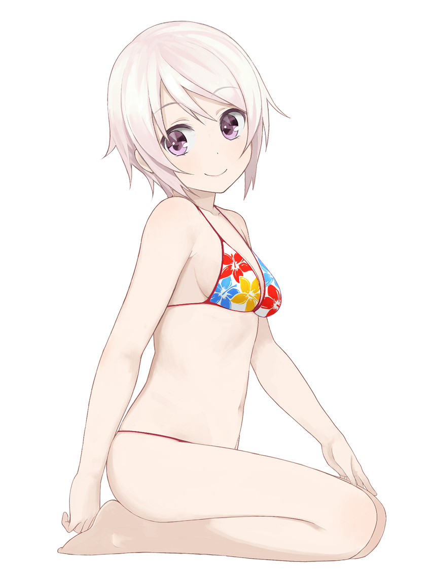 bad_id bad_pixiv_id barefoot bikini blush breasts cleavage female from_side highres looking_at_viewer medium_breasts navel nnyu original purple_eyes seiza short_hair silver_hair sitting smile solo swimsuit white_background