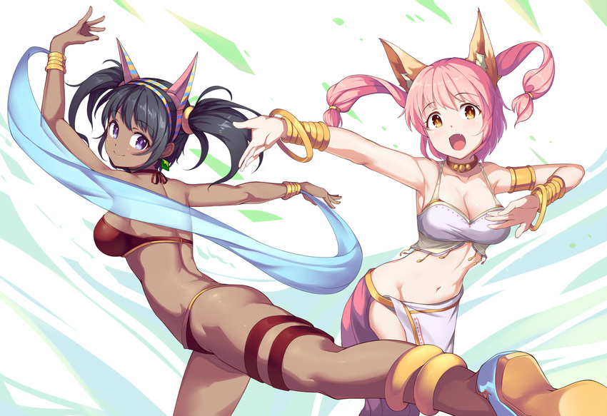 2girls :d animal_ears anklet arm_up armpits ass belt bikini bikini_top_only black_hair bracelet bracer breasts brown_eyes cleavage commentary_request dancer dancing dark-skinned_female dark_skin earrings fake_animal_ears foreshortening fox_ears groin hairband jewelry kotri_(rabi-ribi) leaning_forward legs loincloth long_hair looking_back medium_breasts multiple_girls navel no_tail oerba_yun_fang official_art open_mouth outstretched_arm outstretched_arms pandora_(rabi-ribi) pink_hair purple_eyes rabi-ribi saiste shoes sideboob smile standing standing_on_one_leg swimsuit thigh_strap twintails veil