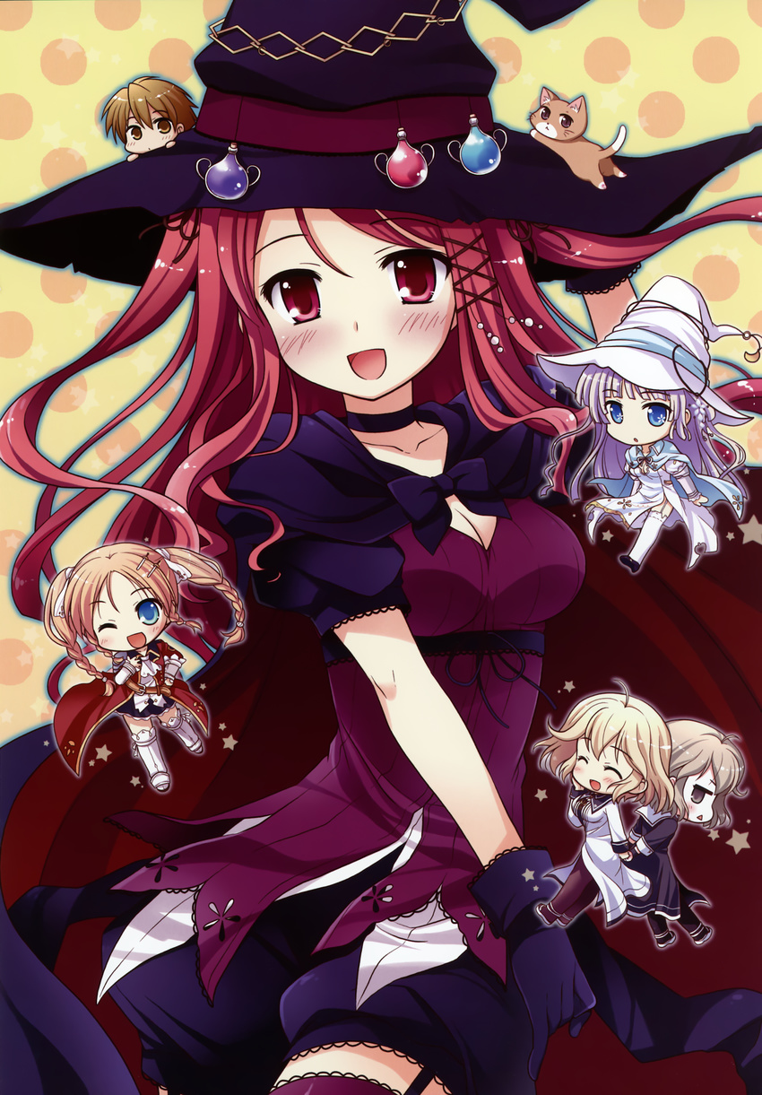 1boy 5girls :< :d ^_^ absurdres aona_masao arima_yosuke black_bow black_bowtie blue_eyes blush bow bowtie breasts brown_hair chibi cleavage closed_eyes cowboy_shot cropped_jacket dress feline garter_straps green_eyes hat hatano_ririko highres light_purple_hair looking_at_viewer medium_breasts multiple_girls open_mouth polka_dot polka_dot_background puffy_short_sleeves puffy_sleeves red_dress red_eyes red_hair saimon_eclair saimon_misumi short_sleeves siblings simple_background sisters smile witch's_garden witch_hat yukimura_suzuno