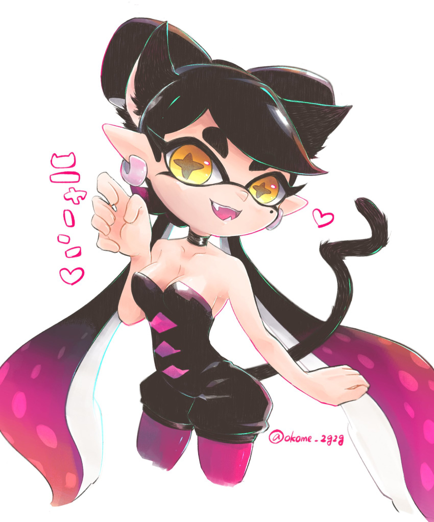 +_+ animal_ears black_hair breasts callie_(splatoon) cat_ears cat_tail cleavage collar commentary_request earrings extra_ears fangs female highres inkling jewelry mole mole_under_eye okome_2g2g pantyhose pointy_ears short_jumpsuit solo splatoon_(series) splatoon_1 tail tentacle_hair yellow_eyes