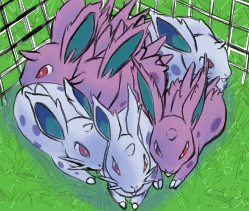 alpacapala ambiguous_gender closed_eyes fangs feral generation_1_pokemon grass group horn nidoran nidoran♀ nidoran♂ nintendo outside plant pokemon pokemon_(species) red_eyes teeth