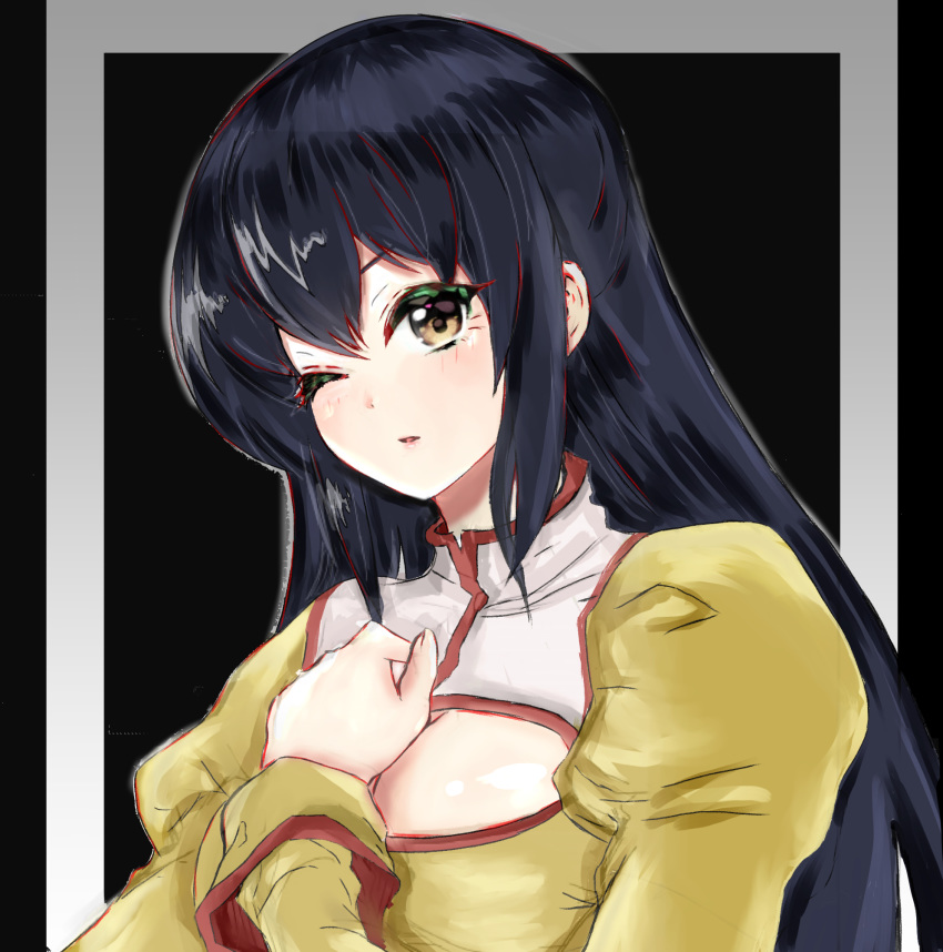 agent_aika aika_(series) blue_hair breasts brown_eyes cleavage cleavage_cutout clothing_cutout commentary_request delmogeny_uniform derivative_work dress female golden_delmo hand_on_own_chest highres jmdyer000 juliet_sleeves long_hair long_sleeves looking_at_viewer medium_breasts one_eye_closed parted_lips puffy_sleeves rie_petoriyacowa simple_background solo upper_body yellow_dress