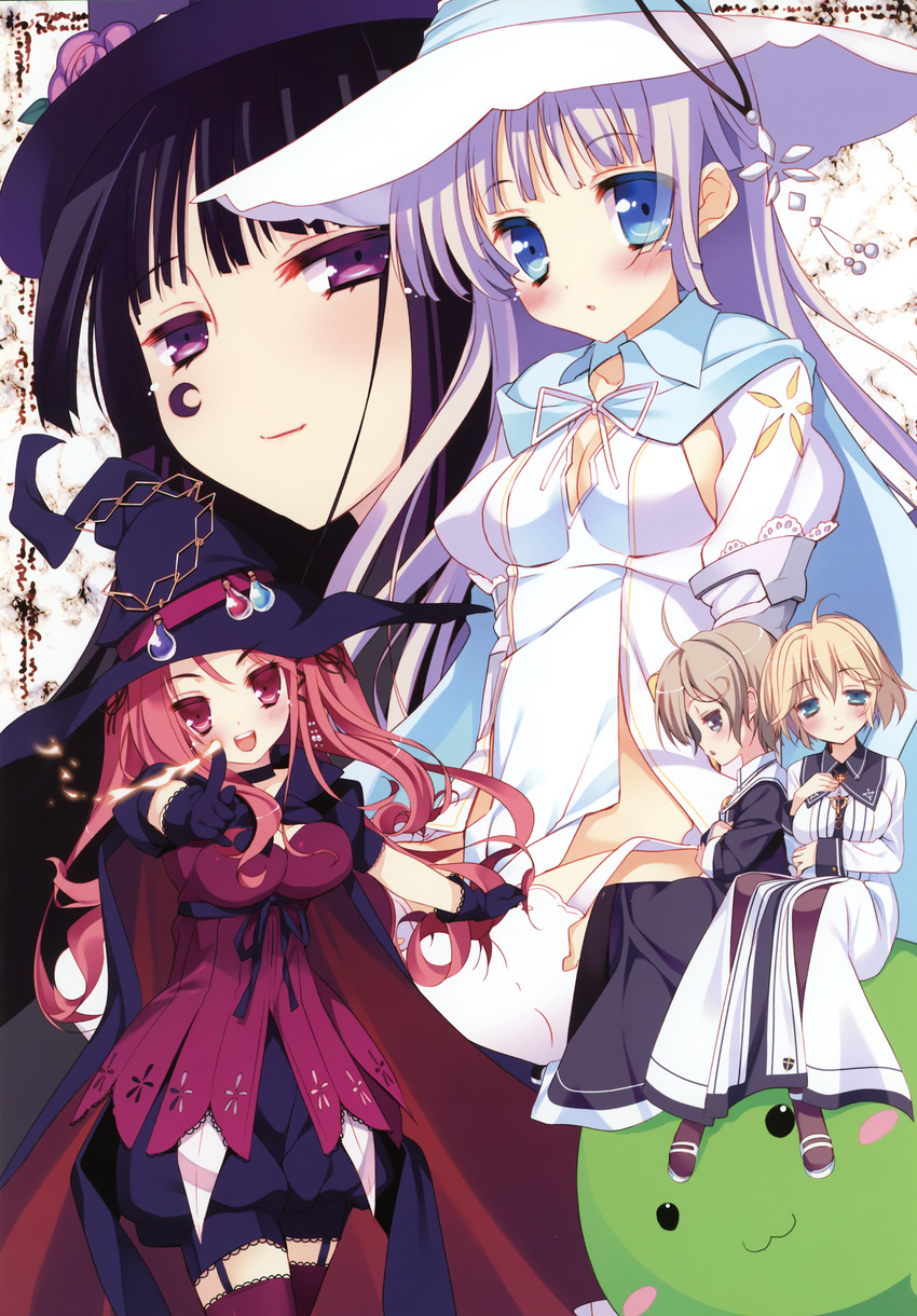 5girls :3 :o :p absurdres arikawa_satoru black_gloves black_hair blue_eyes blush breasts brown_hair cleavage closed_mouth dress fire gloves green_eyes half-closed_eyes hat highres hinomiya_ayari kadone_makie light_purple_hair long_sleeves looking_at_viewer medium_breasts multiple_girls parted_lips purple_eyes purple_legwear red_eyes red_hair saimon_eclair saimon_misumi sidelocks sitting smirk tama_(happiness) tareme thighhighs tongue tongue_out tsurime white_dress witch's_garden witch_hat yukimura_suzuno zettai_ryouiki