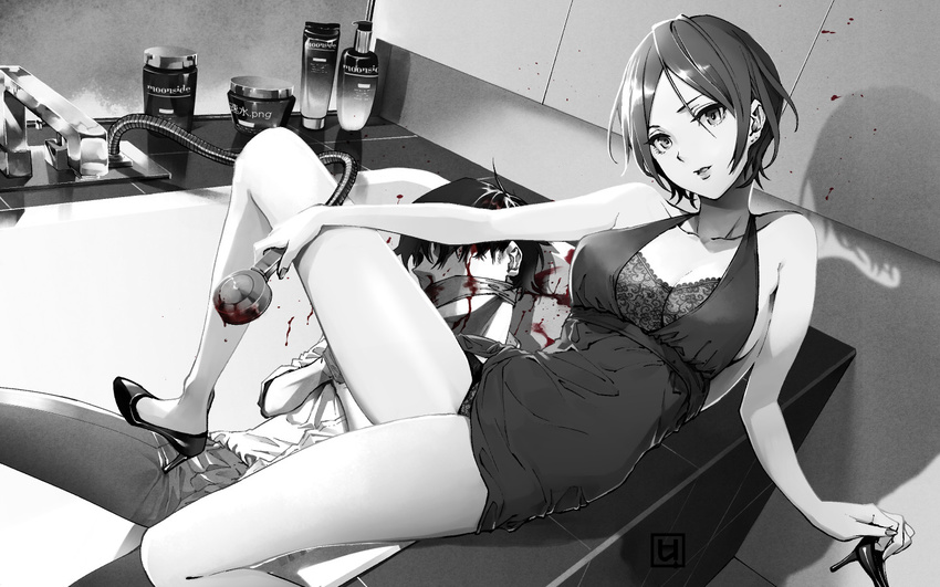 bare_arms bare_shoulders bathtub blood blood_on_face blood_stain breasts cleavage collarbone commentary_request dress female gag gagged greyscale hayami_kanade idolmaster idolmaster_cinderella_girls improvised_gag looking_at_viewer medium_breasts monochrome parted_bangs parted_lips producer_(idolmaster) producer_(idolmaster_cinderella_girls_anime) restrained shoes short_dress short_hair shower_head smile solo unworn_shoes usui_ryuu yandere