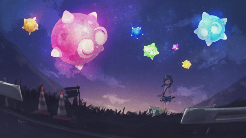 alternate_clothes black_eyes black_hair braids charjabug clouds female female_protagonist_(pokemon_sm) jeans minior mountains nature night outdoors pants pokemon pokemon_usum shorts sign sign_board sky toji_303 traffic_cone twinbraids