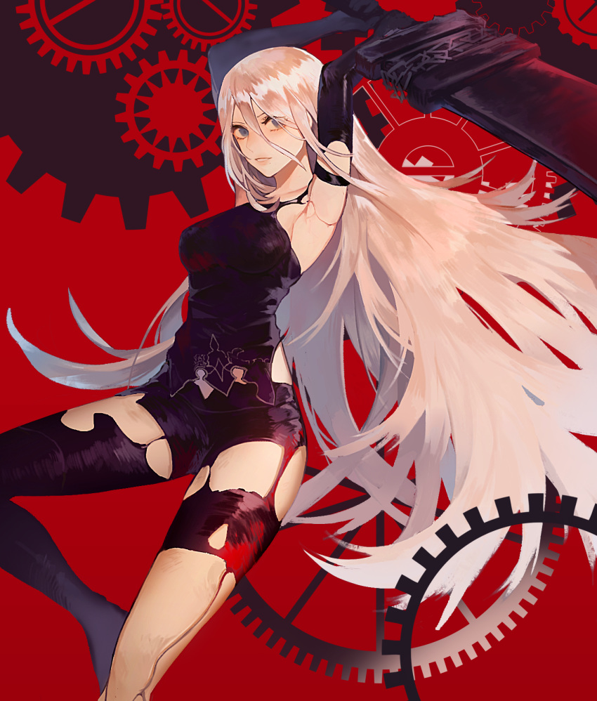 a2_(nier:automata) android arms_up asymmetrical_legwear bad_id bad_twitter_id blue_eyes breasts elbow_gloves female gears gloves hair_between_eyes halterneck highres holding holding_weapon huge_weapon joints light_smile long_hair medium_breasts mismatched_legwear mole mole_under_mouth nahonanaho nier:automata nier_(series) red_background robot_joints shorts solo sword weapon white_hair