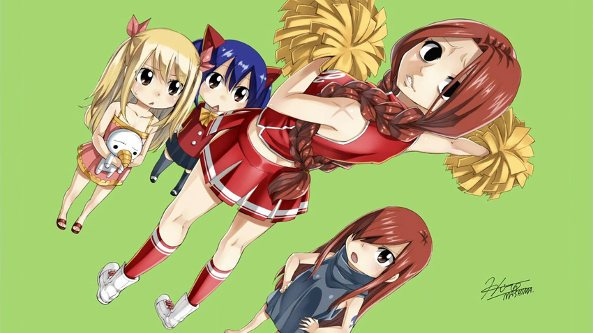 4girls :< aged_down cheerleader d: end_card erza_scarlet fairy_tail flare_corona lolicon lucy_heartfilia mashima_hiro multiple_girls official_art open_mouth plue pom_pom_(cheerleading) scar skirt wendy_marvell