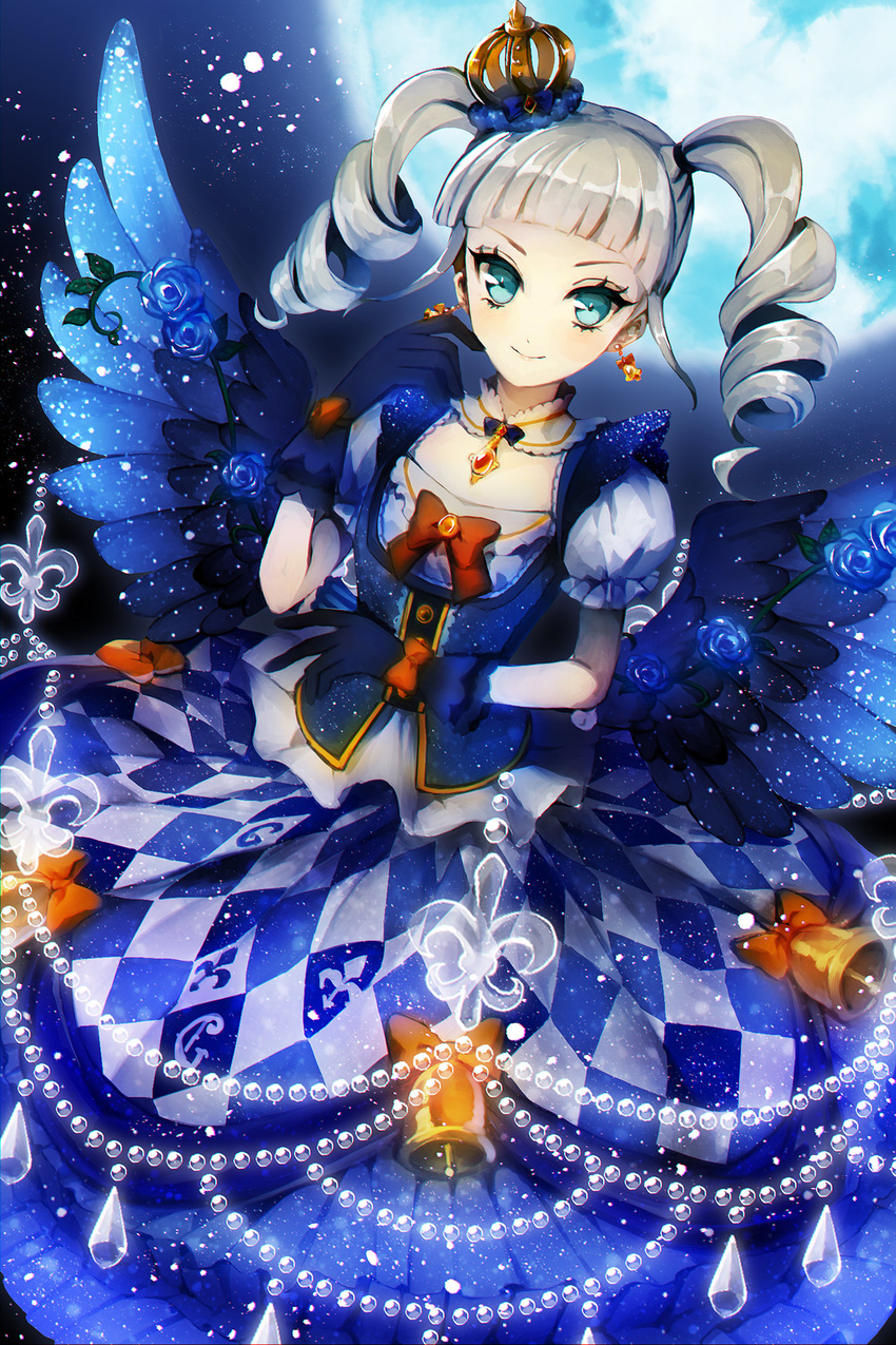 aikatsu! aikatsu!_(series) aqua_eyes banned_artist bell bell_earrings blue_flower blue_gloves blue_moon blue_rose buttons collar crown dress drill_hair earrings flat_chest flower frills full_moon gloves gothic_lolita highres jewelry lolita_fashion long_hair looking_at_viewer moon puffy_short_sleeves puffy_sleeves ribbon rose sayori_(oskn) short_sleeves silver_hair smile solo toudou_yurika twin_drills twintails wings