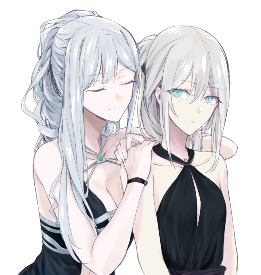 2girls ak-12_(girls'_frontline) ak-12_(quiet_azure)_(girls'_frontline) alternate_costume an-94_(girls'_frontline) an-94_(silent_rouge)_(girls'_frontline) aquamarine_(gemstone) black_dress blue_dress blush breasts cleavage closed_eyes commentary dress duplicate english_commentary evening_gown eyes_visible_through_hair girls'_frontline grey_hair halter_dress halterneck highres large_breasts multiple_girls official_alternate_costume photoshop_(medium) pixel-perfect_duplicate smile suprii white_background white_hair