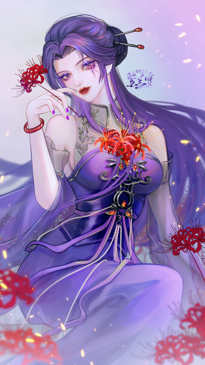 absurdres artist_request bracelet breasts closed_mouth detached_sleeves dress eye_mask female flower head_tilt highres holding holding_flower jewelry long_hair looking_at_viewer medium_breasts multicolored_background purple_dress purple_hair qinshi_mingyue second-party_source see-through see-through_sleeves sitting solo spider_lily tattoo zi_nu_(qinshi_mingyue)