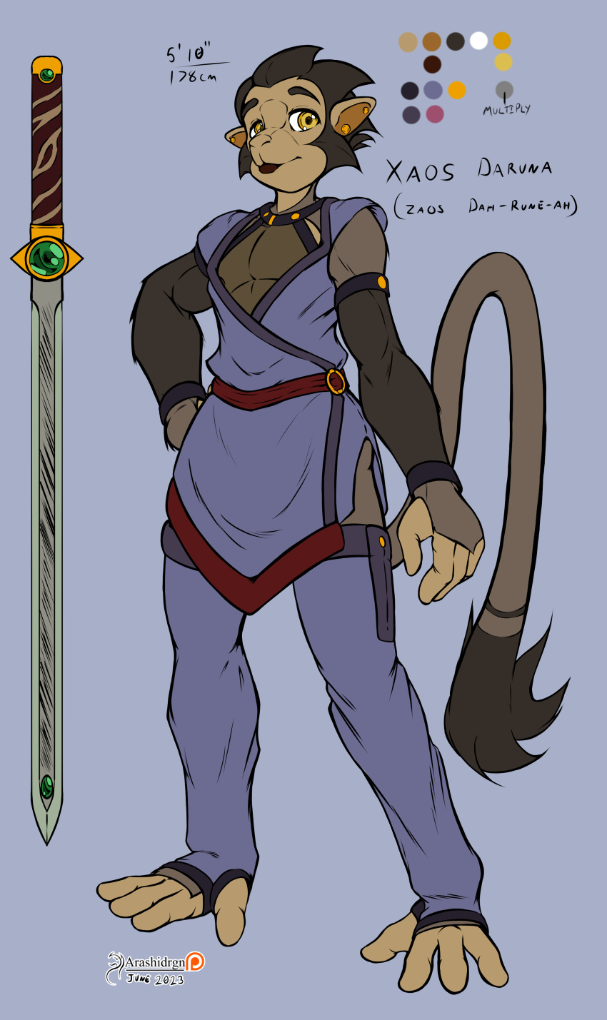 2023 absurd_res arashidrgn brown_body clothed clothing design_sheet fur hair haplorhine hi_res mammal melee_weapon monkey primate solo sword weapon