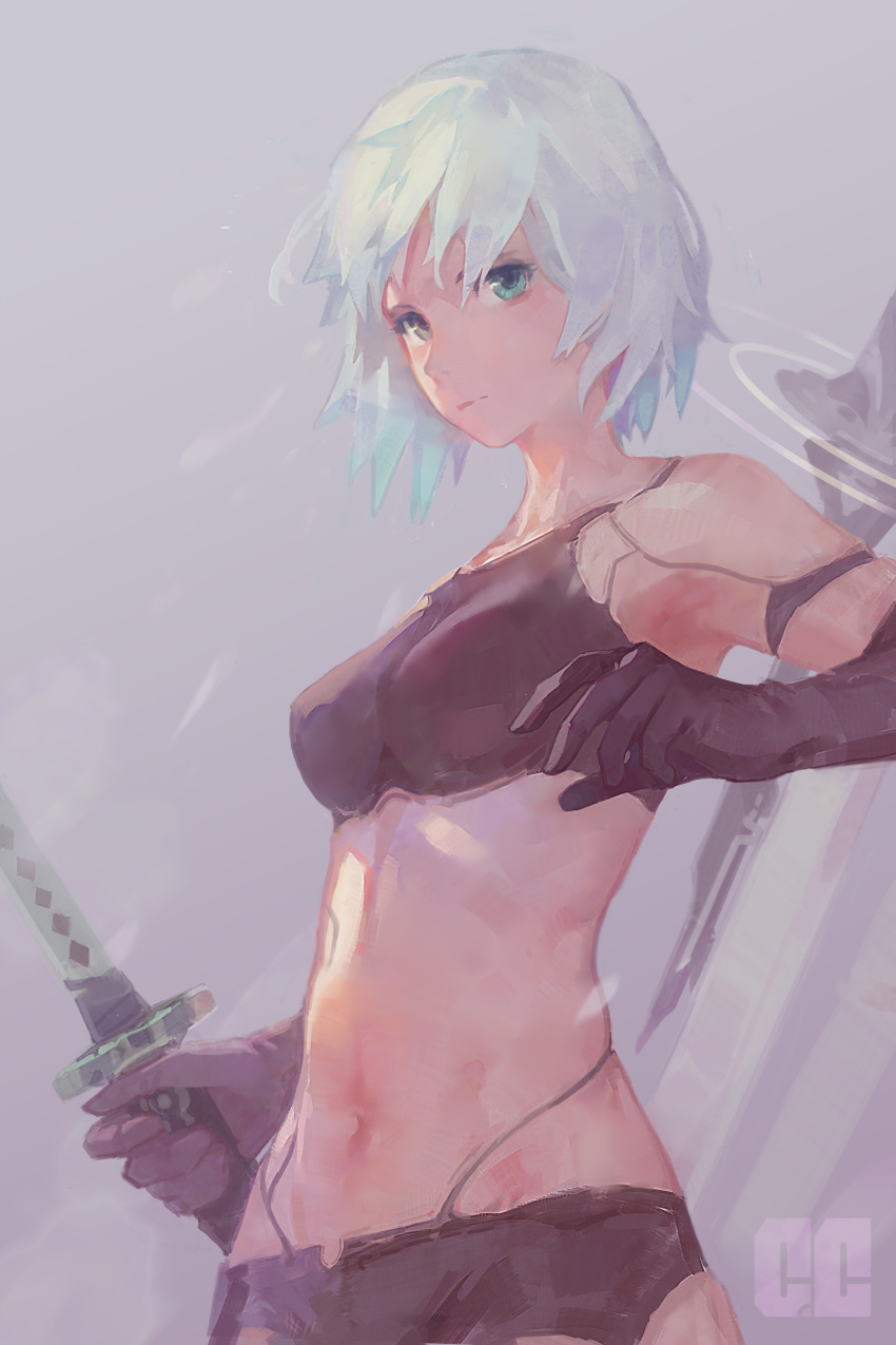 a2_(nier:automata) absurdres android aqua_eyes armlet bare_shoulders black_gloves black_shorts chinese_commentary closed_mouth commentary demozeroc elbow_gloves female gloves highres holding holding_sword holding_weapon joints katana midriff navel nier:automata nier_(series) robot_joints short_hair shorts signature solo sword virtuous_contract virtuous_treaty weapon white_hair